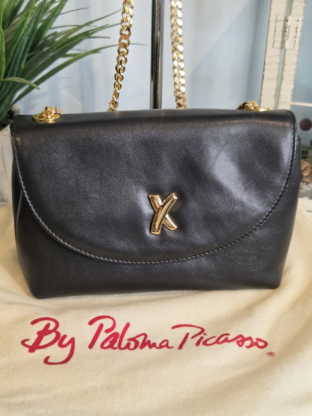 Paloma Picasso Black Leather Shoulder Bag with Gold Chain